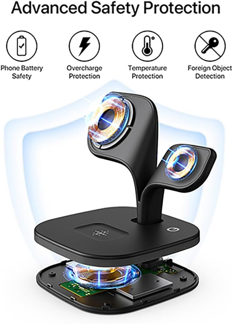 Versatile 3-in-1 Wireless Charging Station for MagSafe - Fast Charging for iPhone 17, Apple Watch, & AirPods with LED Touch Control (Black)