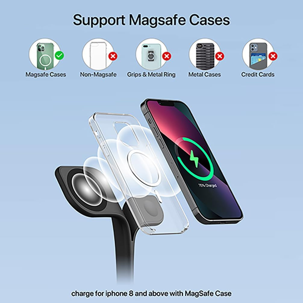Versatile 3-in-1 Wireless Charging Station for MagSafe - Fast Charging for iPhone 17, Apple Watch, & AirPods with LED Touch Control (Black)
