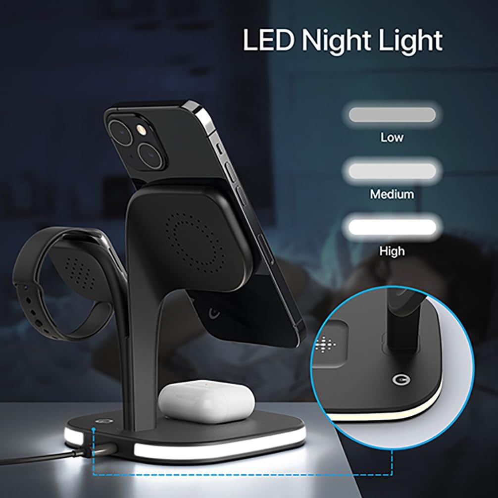 Versatile 3-in-1 Wireless Charging Station for MagSafe - Fast Charging for iPhone 17, Apple Watch, & AirPods with LED Touch Control (Black)