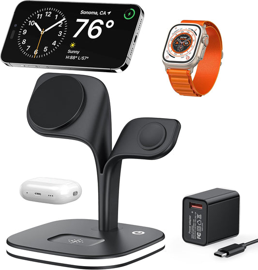 Versatile 3-in-1 Wireless Charging Station for MagSafe - Fast Charging for iPhone 17, Apple Watch, & AirPods with LED Touch Control (Black)