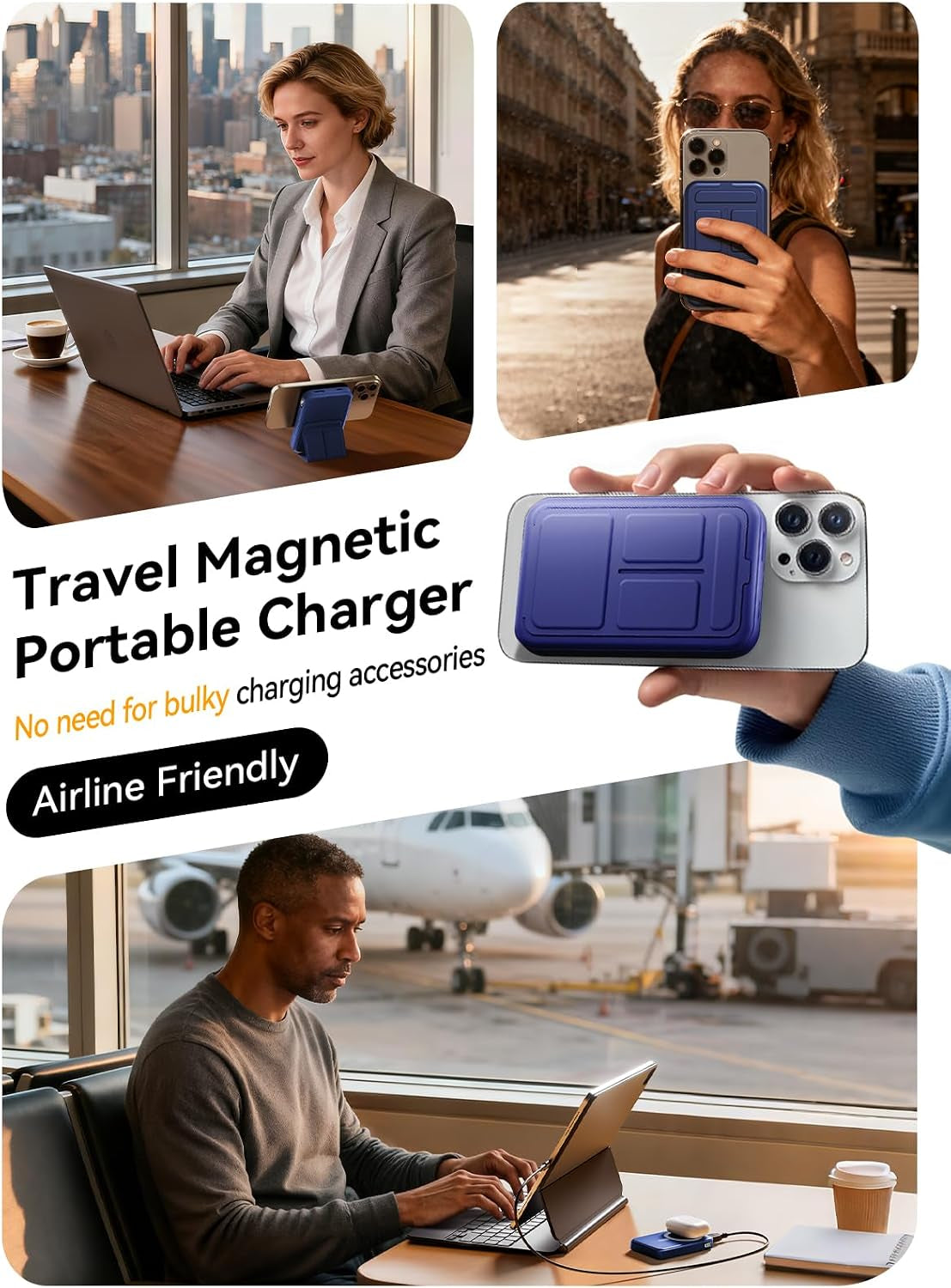 Magnetic Power Bank 10000mAh - Wireless Portable Charger with 20W USB-C Fast Charging, Foldable Stand & LED Display for iPhone 16/15/14/13 - Dark Blue