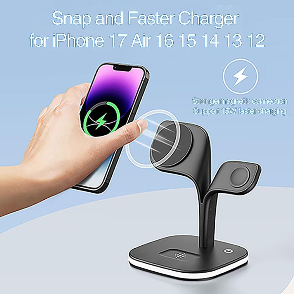Versatile 3-in-1 Wireless Charging Station for MagSafe - Fast Charging for iPhone 17, Apple Watch, & AirPods with LED Touch Control (Black)