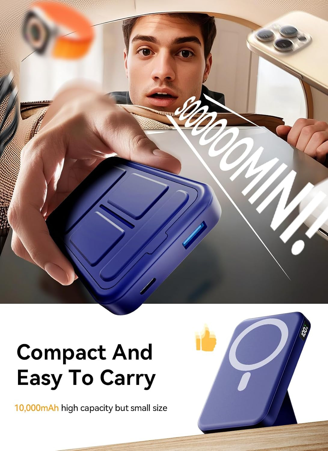 Magnetic Power Bank 10000mAh - Wireless Portable Charger with 20W USB-C Fast Charging, Foldable Stand & LED Display for iPhone 16/15/14/13 - Dark Blue