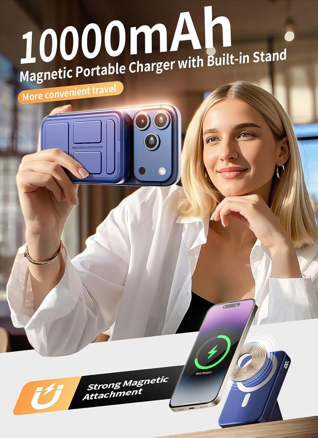 Magnetic Power Bank 10000mAh - Wireless Portable Charger with 20W USB-C Fast Charging, Foldable Stand & LED Display for iPhone 16/15/14/13 - Dark Blue