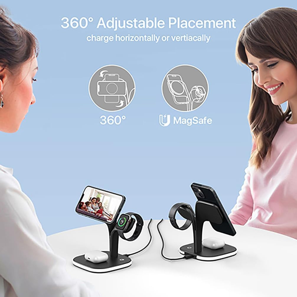 Versatile 3-in-1 Wireless Charging Station for MagSafe - Fast Charging for iPhone 17, Apple Watch, & AirPods with LED Touch Control (Black)